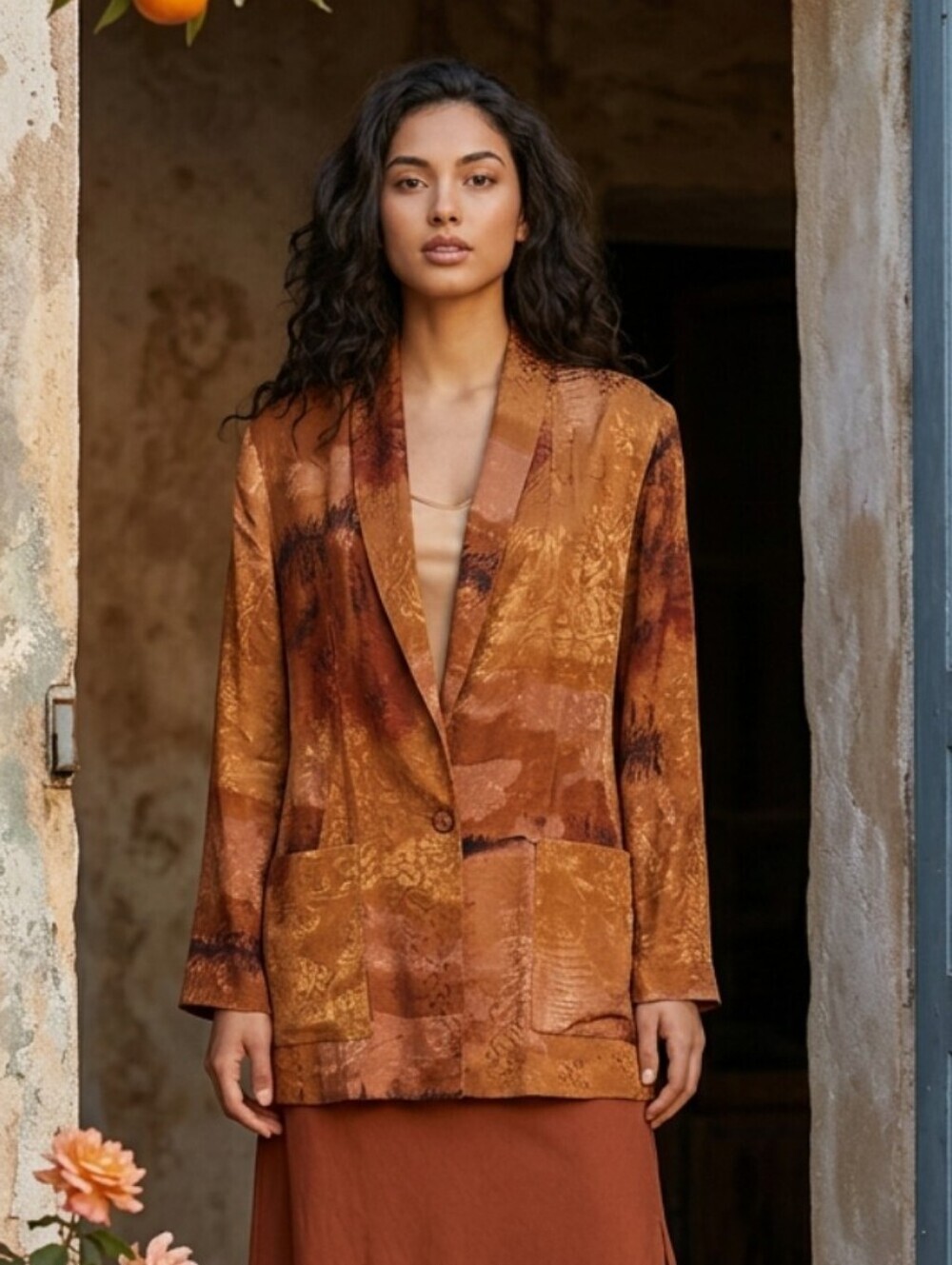 Vintage Kensington Square Copper Blazer with Shawl Collar and Luxurious Sheen